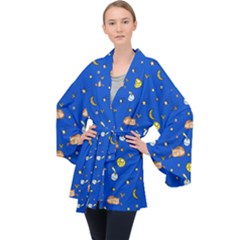 Cat Animals Sleep Stars Seamless Background Long Sleeve Velvet Kimono  by pakminggu