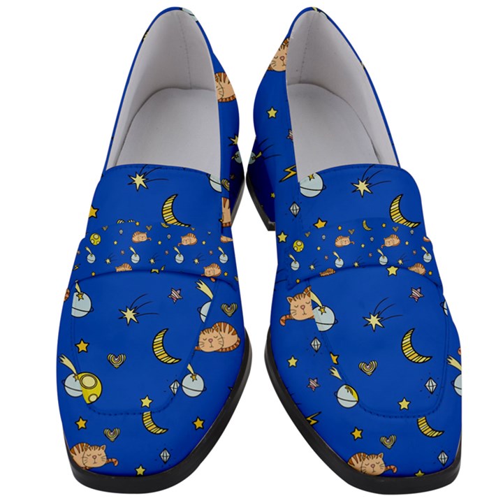 Cat Animals Sleep Stars Seamless Background Women s Chunky Heel Loafers