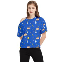 Cat Animals Sleep Stars Seamless Background One Shoulder Cut Out Tee by pakminggu