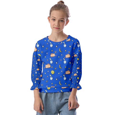 Cat Animals Sleep Stars Seamless Background Kids  Cuff Sleeve Top by pakminggu