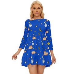 Cat Animals Sleep Stars Seamless Background Long Sleeve Babydoll Dress by pakminggu