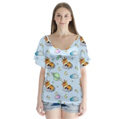 Pattern Giraffe Animal Seamless Scrapbooking Blue V-neck Flutter Sleeve Top by pakminggu