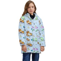 Pattern Giraffe Animal Seamless Scrapbooking Blue Kids  Hooded Longline Puffer Jacket by pakminggu