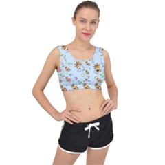 Pattern Giraffe Animal Seamless Scrapbooking Blue V-back Sports Bra by pakminggu