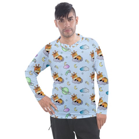 Pattern Giraffe Animal Seamless Scrapbooking Blue Men s Pique Long Sleeve Tee by pakminggu