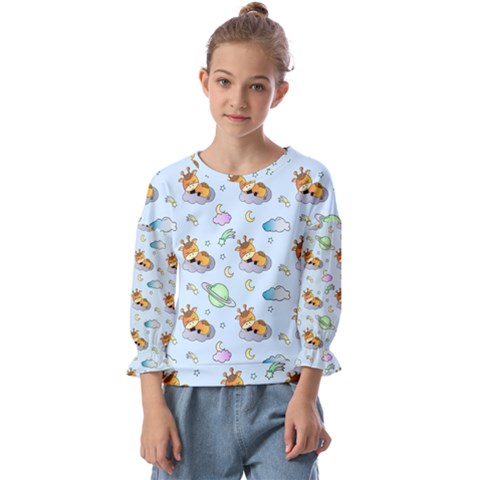 Pattern Giraffe Animal Seamless Scrapbooking Blue Kids  Cuff Sleeve Top by pakminggu