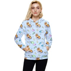 Pattern Giraffe Animal Seamless Scrapbooking Blue Women s Lightweight Drawstring Hoodie