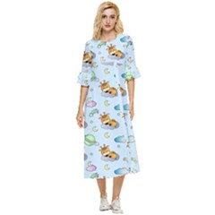 Pattern Giraffe Animal Seamless Scrapbooking Blue Double Cuff Midi Dress by pakminggu