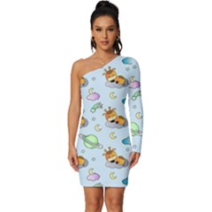 Pattern Giraffe Animal Seamless Scrapbooking Blue Long Sleeve One Shoulder Mini Dress by pakminggu