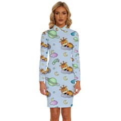 Pattern Giraffe Animal Seamless Scrapbooking Blue Long Sleeve Shirt Collar Bodycon Dress by pakminggu