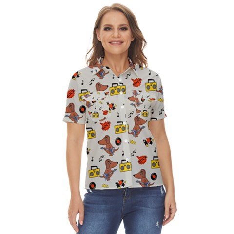 Background Pattern Texture Design Dog Music Women s Short Sleeve Double Pocket Shirt by pakminggu