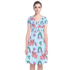 Pigs Pattern Art Design Drawing Sketch Wallpaper Short Sleeve Front Wrap Dress by pakminggu