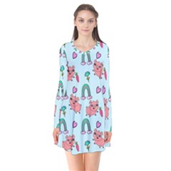 Pigs Pattern Art Design Drawing Sketch Wallpaper Long Sleeve V-neck Flare Dress by pakminggu