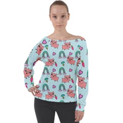 Pigs Pattern Art Design Drawing Sketch Wallpaper Off Shoulder Long Sleeve Velour Top by pakminggu