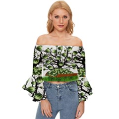 Watermelon Tree Abstraction On Watermelon Abundance Off Shoulder Flutter Bell Sleeve Top by pakminggu