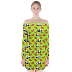 Watermelon Panda Background Wallpaper Long Sleeve Off Shoulder Dress by pakminggu