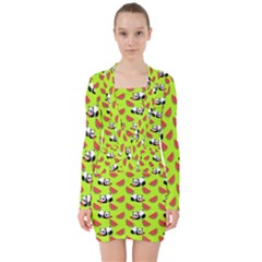 Watermelon Panda Background Wallpaper V-neck Bodycon Long Sleeve Dress by pakminggu