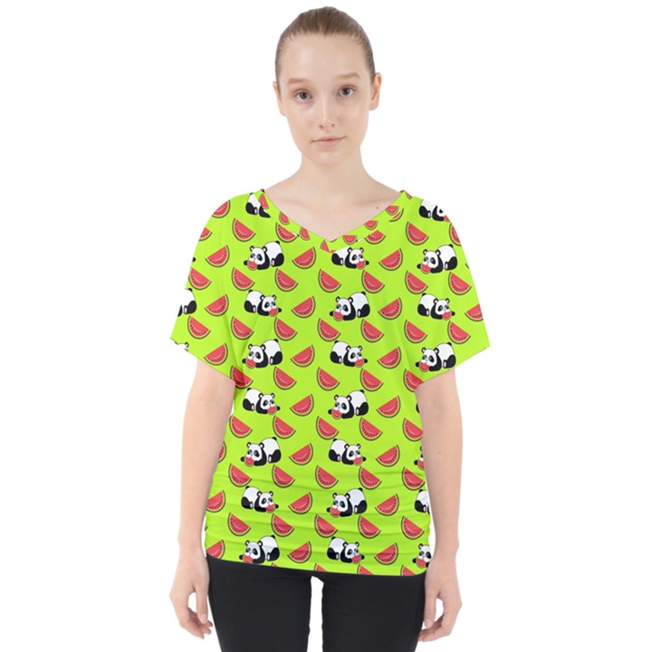 Watermelon Panda Background Wallpaper V-Neck Dolman Drape Top