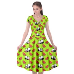 Watermelon Panda Background Wallpaper Cap Sleeve Wrap Front Dress by pakminggu