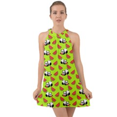 Watermelon Panda Background Wallpaper Halter Tie Back Chiffon Dress by pakminggu