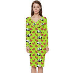 Watermelon Panda Background Wallpaper Long Sleeve V-neck Bodycon Dress  by pakminggu