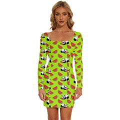 Watermelon Panda Background Wallpaper Long Sleeve Square Neck Bodycon Velvet Dress by pakminggu