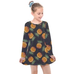 Pineapple Background Pineapple Pattern Kids  Long Sleeve Dress by pakminggu