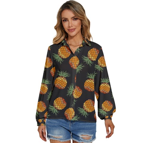 Pineapple Background Pineapple Pattern Women s Long Sleeve Button Up Shirt by pakminggu