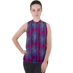 Art Floral Pattern Flower Seamless Decorative Mock Neck Chiffon Sleeveless Top by pakminggu