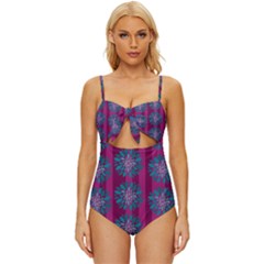 Art Floral Pattern Flower Seamless Decorative Knot Front One-piece Swimsuit by pakminggu