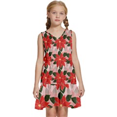 Poinsettia Pattern Seamless Pattern Christmas Xmas Kids  Sleeveless Tiered Mini Dress