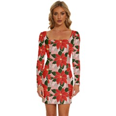 Poinsettia Pattern Seamless Pattern Christmas Xmas Long Sleeve Square Neck Bodycon Velvet Dress