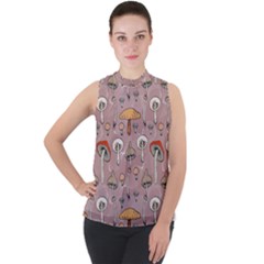 Mushrooms Autumn Fall Pattern Seamless Decorative Mock Neck Chiffon Sleeveless Top by pakminggu