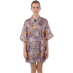 Mushrooms Autumn Fall Pattern Seamless Decorative Half Sleeve Satin Kimono  by pakminggu