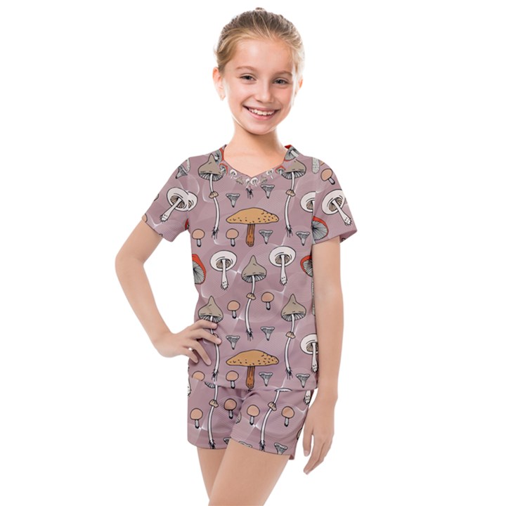 Mushrooms Autumn Fall Pattern Seamless Decorative Kids  Mesh Tee and Shorts Set