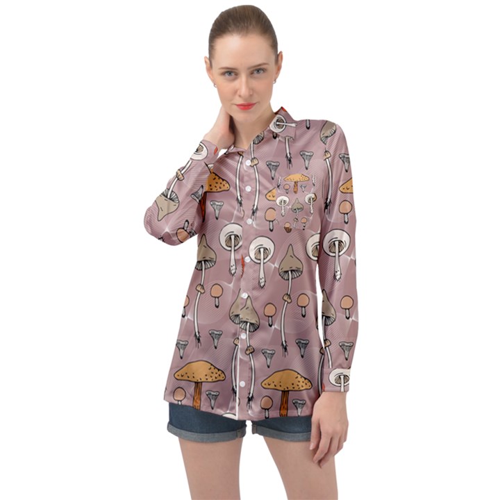 Mushrooms Autumn Fall Pattern Seamless Decorative Long Sleeve Satin Shirt