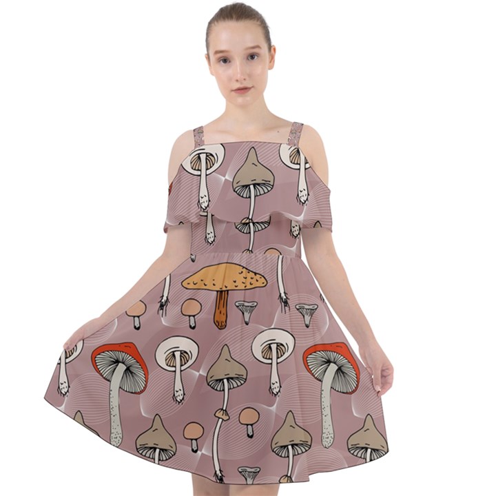 Mushrooms Autumn Fall Pattern Seamless Decorative Cut Out Shoulders Chiffon Dress