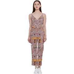 Mushrooms Autumn Fall Pattern Seamless Decorative V-neck Spaghetti Strap Tie Front Jumpsuit by pakminggu