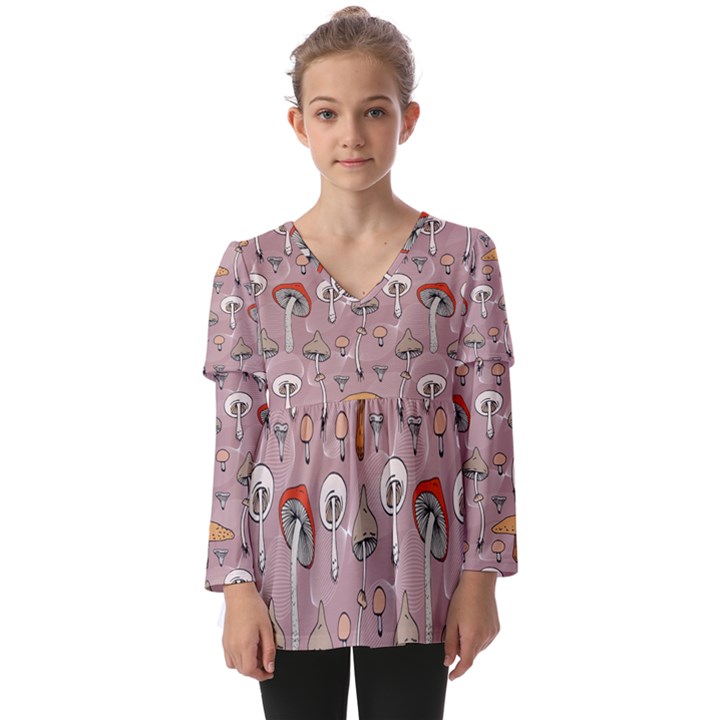 Mushrooms Autumn Fall Pattern Seamless Decorative Kids  V Neck Casual Top