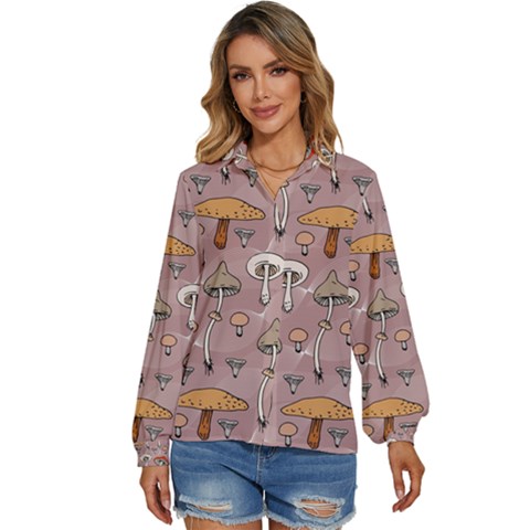 Mushrooms Autumn Fall Pattern Seamless Decorative Women s Long Sleeve Button Up Shirt by pakminggu