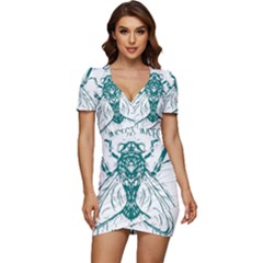 Green Insect Bee Illustration Low Cut Cap Sleeve Mini Dress