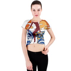 Beach Illustration Summer Beach Surf Waves Crew Neck Crop Top