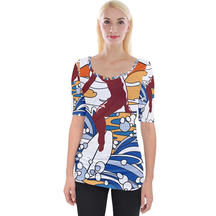 Beach Illustration Summer Beach Surf Waves Wide Neckline Tee