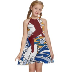 Beach Illustration Summer Beach Surf Waves Kids  Halter Collar Waist Tie Chiffon Dress by pakminggu