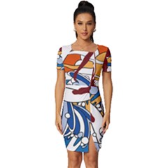 Beach Illustration Summer Beach Surf Waves Fitted Knot Split End Bodycon Dress by pakminggu