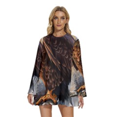 Eagle Art Eagle Watercolor Painting Bird Animal Round Neck Long Sleeve Bohemian Style Chiffon Mini Dress by pakminggu