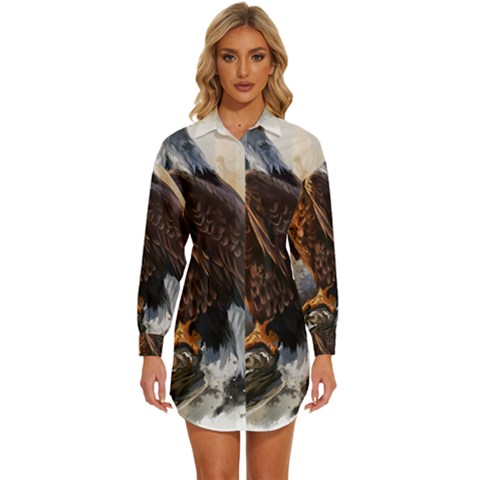 Eagle Art Eagle Watercolor Painting Bird Animal Womens Long Sleeve Shirt Dress by pakminggu