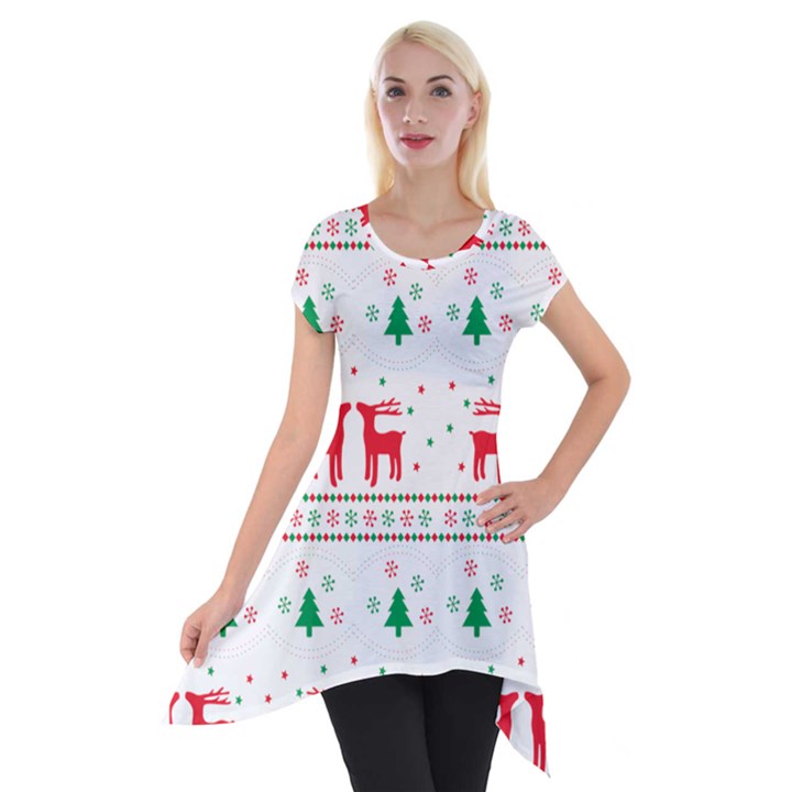 Red Green And Blue Christmas Themed Illustration Short Sleeve Side Drop Tunic