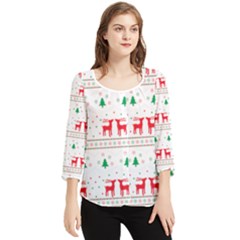 Red Green And Blue Christmas Themed Illustration Chiffon Quarter Sleeve Blouse by pakminggu