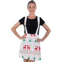 Red Green And Blue Christmas Themed Illustration Velvet Suspender Skater Skirt by pakminggu